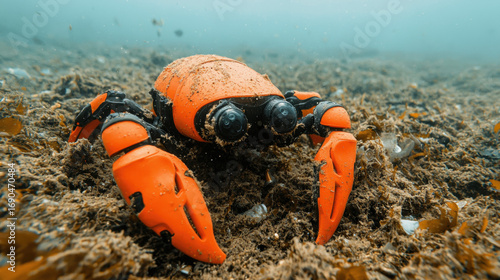 Underwater robot crab orange claw seafloor cleanup marine debris eco friendly biodegradable ocean sand