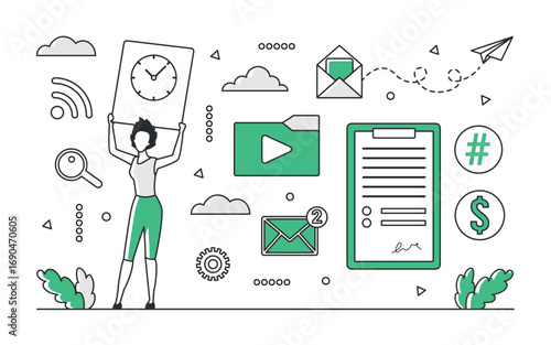 Modern business contract concept with communication, email, clock, and finance icons in green monocolor style, isolated on white background vector illustration