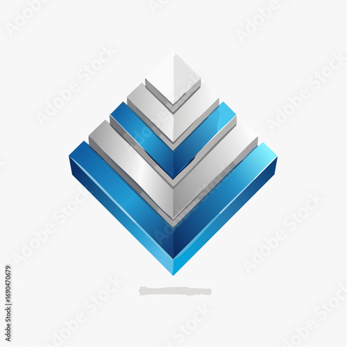 Abstract layered pyramid logo in blue and white geometric vector design