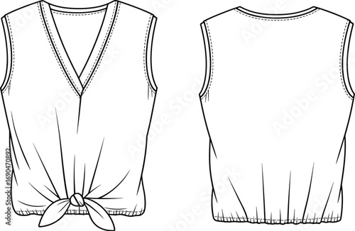 Women’s sleeveless top, technical fashion flat, V‑neck tie front, casual summer apparel, front back view, garment template, CAD drawing vector illustration