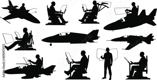 Fighter jet pilot training, flight simulator silhouettes, military aircraft cockpit, aviation technology, pilot simulation, aerospace control interface, VR controls