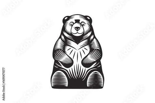 Simple Standing Bear in Black and White with White Background