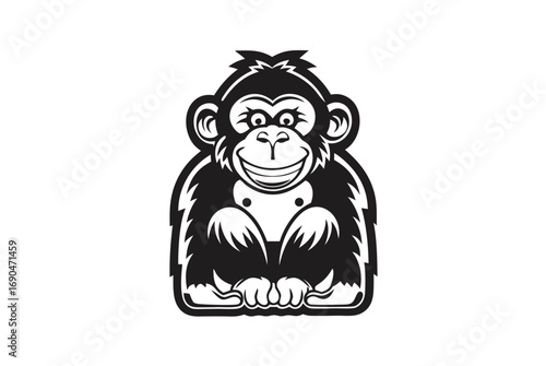 Smiling Monkey with Simple Black and White Cartoon Design