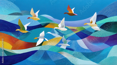 Colorful abstract depiction of birds flying over vibrant ocean waves in shades of blue, orange, and green