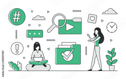 Modern business team working with digital files, communication icons, and social media elements in a green monocolor style, isolated on white background vector illustration