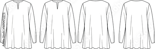 Women’s tunic top, technical fashion flat, long sleeve relaxed fit, center slit neckline, front back side views, garment template, CAD drawing vector illustration