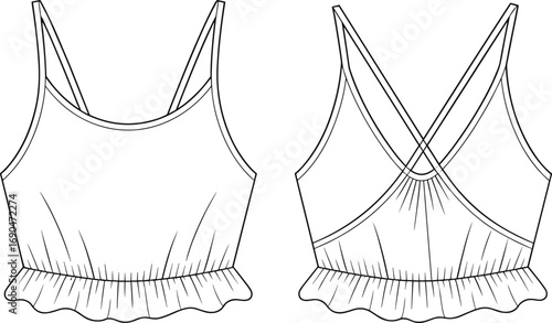 Women’s cropped top, technical fashion flat, scoop neckline, ruffled hem detail, crisscross back straps, front back views, garment template, CAD drawing vector illustration