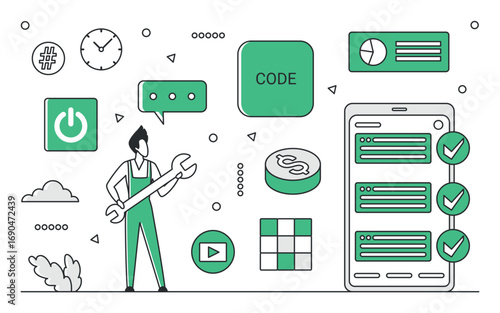 Modern green monocolor illustration showing code debugging, software development, and digital workflow tools, ideal for technology, programming, and IT project visuals, isolated vector illustration