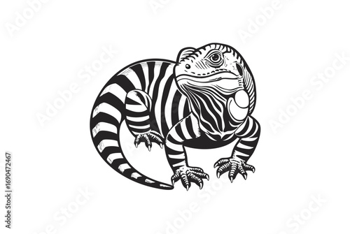 Stripped Iguana on White Background, Detailed Reptilian Artwork, Exotic Fauna