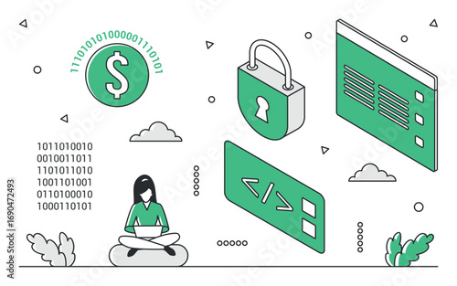 Modern green monocolor vector showing coding, security, finance, and a developer at work, ideal for technology, programming, and web development themes vector illustration