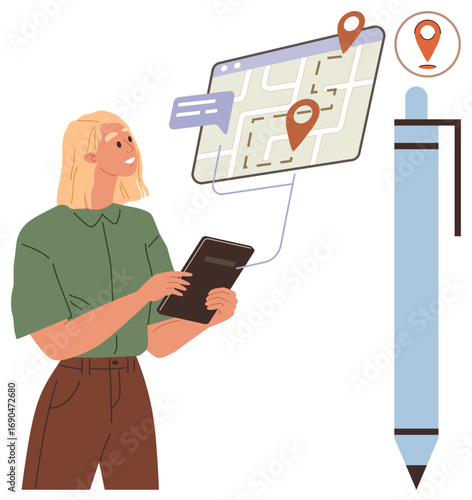 Woman checking tablet while viewing digital map with routes and location pins. Large pen symbolizes planning and creativity. Ideal for navigation, travel, technology, education, direction, strategy