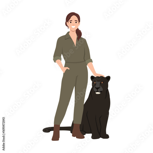 Smiling woman in a green outfit standing beside and gently touching a black panther. Flat vector illustration isolated on white background