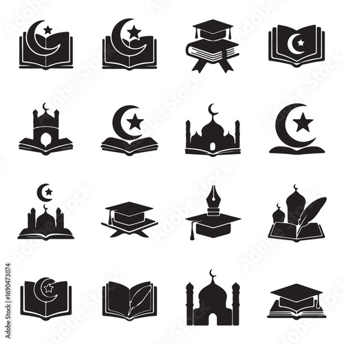 Islamic education icon set vector isolated on white background collection of muslim learning, mosque, book, crescent, star, and graduation cap symbols