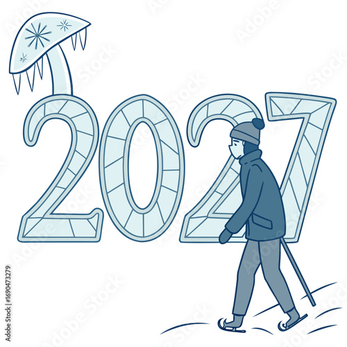 A person ice skating past the year 2027 with a frosty snowflake decoration above the numbers