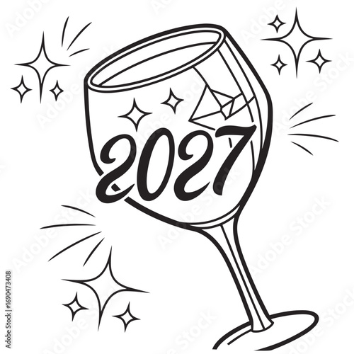 Cheers to the new year 2027 with sparkling stars and a celebratory wine glass illustration