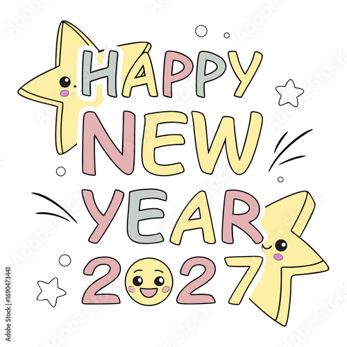 Cute happy new year 2027 greeting with cartoon stars and smiley face in pastel colors