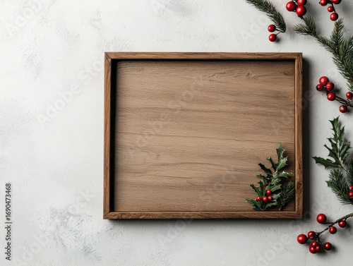 Rustic wooden frame blank sign holiday wreath holly leaves red berries pine branch winter decor festive mood copy space minimal style