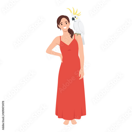 Smiling woman in a red dress standing with a white parrot perched on her shoulder. Flat vector illustration isolated on white background