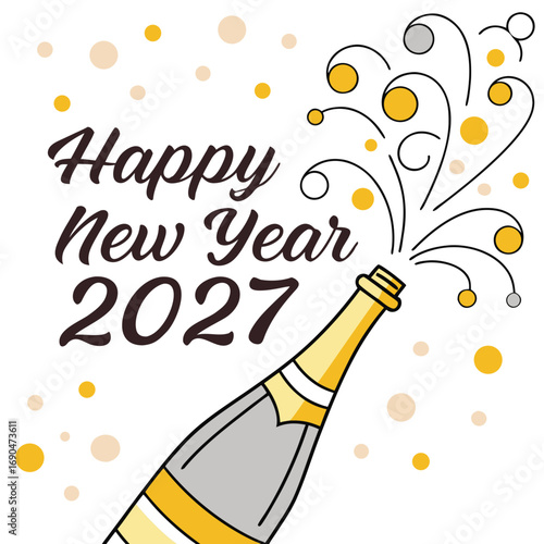 Happy new year 2027 celebration with a champagne bottle popping and bubbles floating in the air
