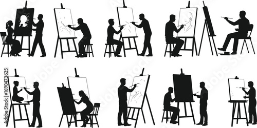 Silhouette artists painting portraits on easels, art class, creative process, painters at work, drawing, painting lesson, artistic expression, studio scene