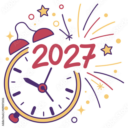 Happy new year 2027 celebration with alarm clock ringing and colorful fireworks exploding in the sky