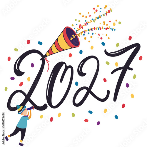Happy new year 2027 celebration with confetti and party popper and a child looking through a telescope