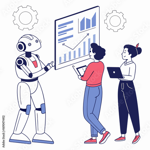 Robot and humans collaborate on data analysis and business growth presentation with charts and graphs