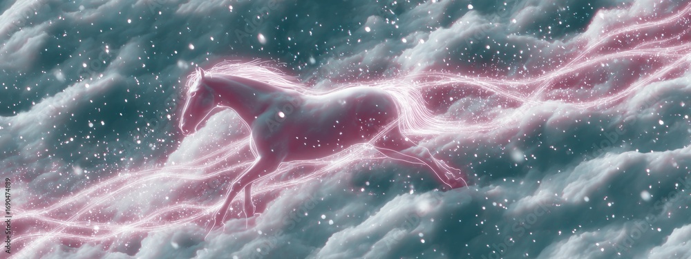 Fototapeta premium Chinese New Year themed wallpaper featuring a mythical horse galloping through clouds and sparkles