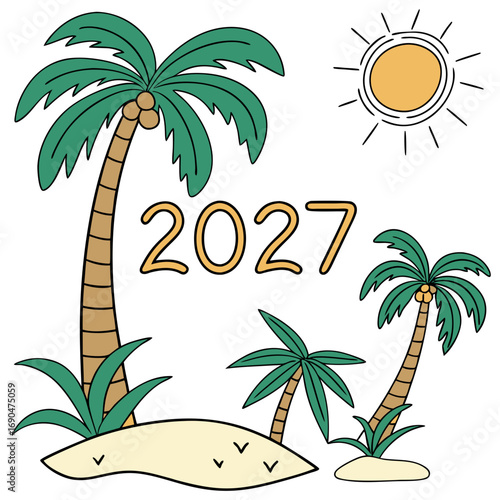 Tropical island scene with palm trees coconuts and the year 2027 in yellow text with a bright sun