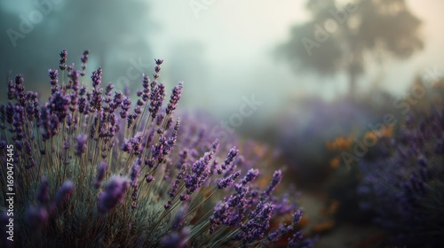 Lavender field foggy morning