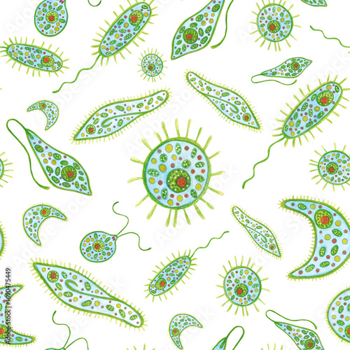Fotografie Seamless pattern with unicellular organisms, photoplankton, zooplankton