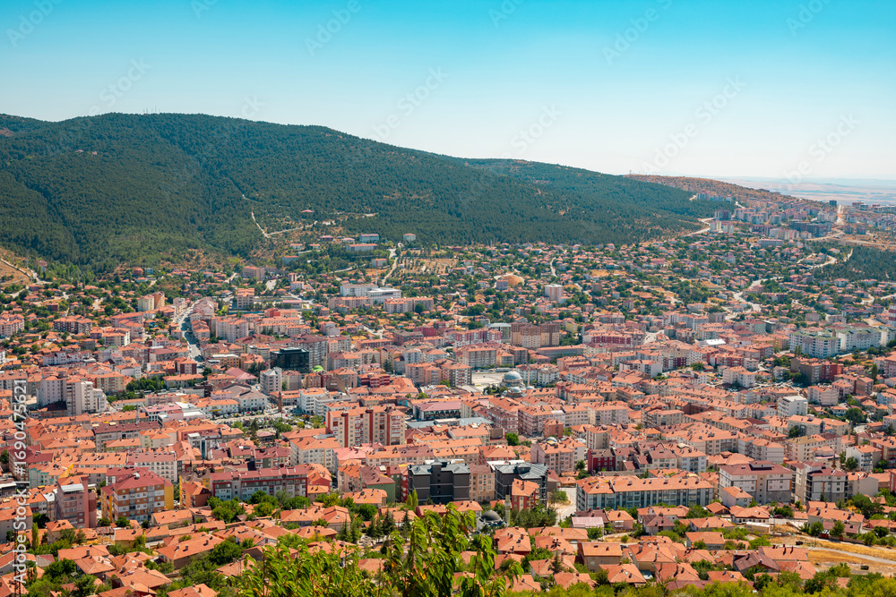 Fototapeta premium August 28, 2025 Yozgat Turkey. Aerial view of Yozgat City in Turkey. View of Yozgat city from Nohutlu Tepe Municipal Facilities.Yozgat State City Hospital is visible.