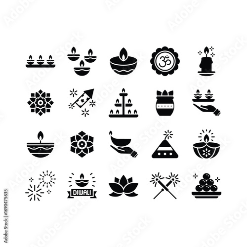 Set of Diwali festival icons, indian tradition