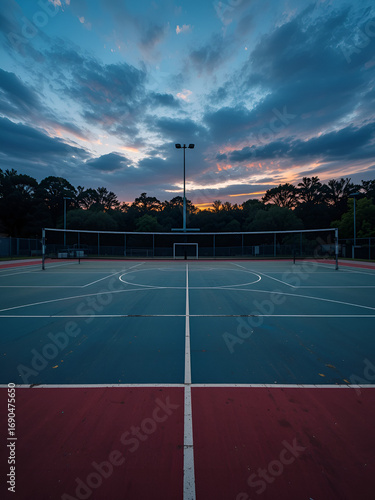 Dusk sky behind empty netball courts in sports park