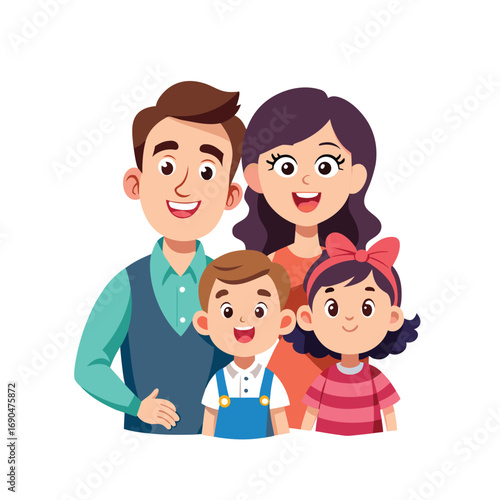 Happy family with children, a vector illustration of a happy family, consisting of a mother, a father, a young boy, and a young girl. 