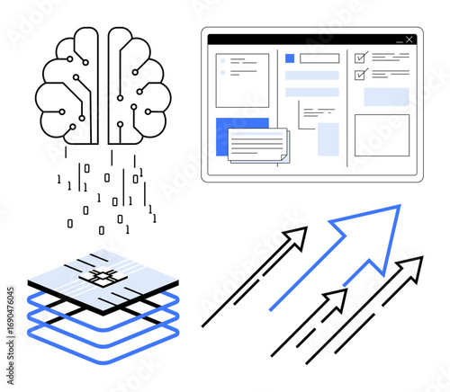 Wallpaper Mural Brain with circuit lines, data binary flow, layered technology chip, digital interface, upward arrows. Ideal for AI, data processing, innovation, automation tech progress machine learning concepts Torontodigital.ca