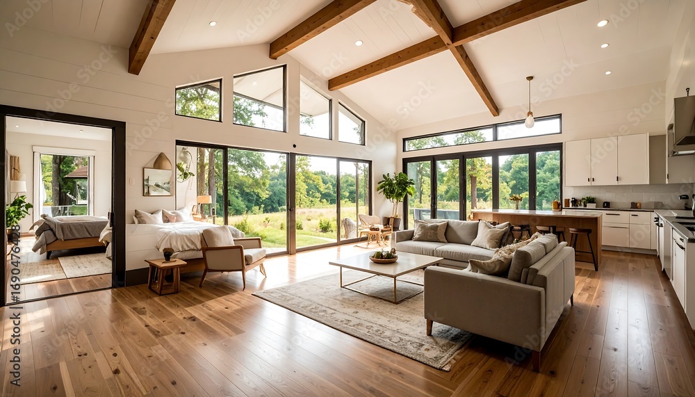 Fototapeta premium Modern farmhouse interior with large windows