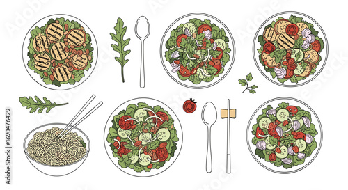 Delicious freshly prepared salad bowls with utensils and greens assorted vegetables and pasta dishes