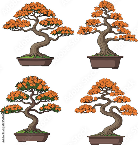 Autumn bonsai tree silhouette, twisted trunk, orange foliage, Japanese miniature plant art, seasonal potted tree illustration, decorative horticulture design, botanical vector