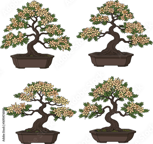 Bonsai tree collection, miniature ornamental trees, seasonal foliage colors, artistic pruning styles, Japanese garden decor, indoor plant display, horticulture art, nature aesthetic, botanical beauty