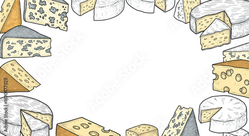 An assortment of artisanal cheeses displayed in a decorative border for culinary inspiration and food design