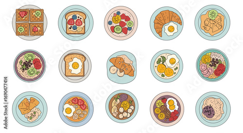 A delicious assortment of breakfast dishes featuring fruits and eggs served on plates