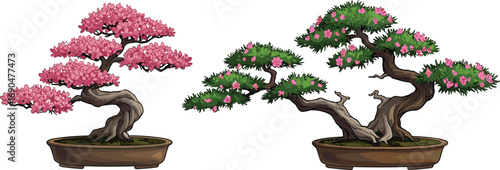 Bonsai tree with pink blossoms and twisted trunk, green foliage bonsai in oval pot, Japanese miniature tree art, floral plant decoration