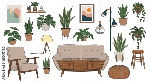 Cozy and vibrant mid century modern living room decor collection with potted plants and furniture elements