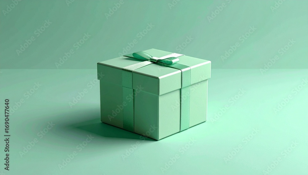 Obraz premium White gift box with mint ribbon and pink rose on green background