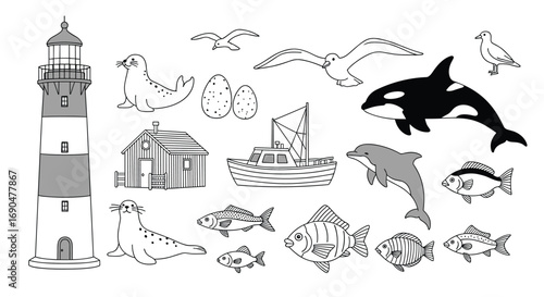 Coastal marine life and lighthouse silhouette illustrations collection for art projects