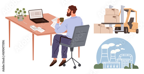 Worker reviews documents at a desk with laptop and coffee, forklift handles boxes, factory emits smoke. Ideal for logistics, business, industry, manufacturing, planning supply chain efficiency. A