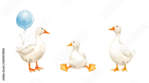 Watercolor clipart depicts three white geese on a white background. The left goose stands facing right, holding a pale teal-blue balloon.