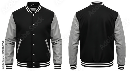 Front and back view of a black and grey varsity jacket isolated on transparent background