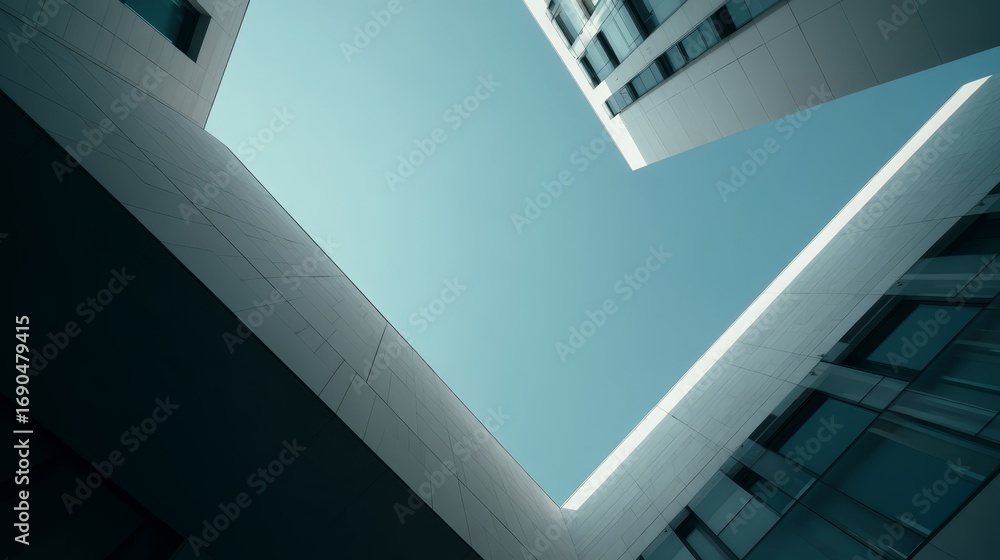 Obraz premium Futuristic architectural buildings with sleek glass facades and sharp lines from a low angle perspective against a clear sky with copy space